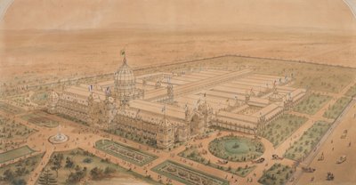 Das Ausstellungsgebäude Melbourne 1880, von Südosten mit Blick auf die Haupthalle von Joseph Reed